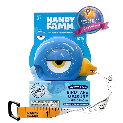 Handy Famm 8ft Blue Bird Tape Measure for Kids – STEM Educational Tool with Level, Protractor, Retractable Design - DIY Construction Toy, Child-Safe Measuring Tapes, Gift for Boys & Girls 3+