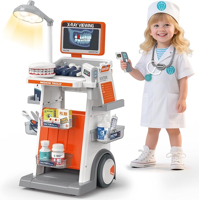Dreamon Doctor Kit for Toddlers 3-5 Pretend Play Toys - 29 Pcs Kids Dentist Cart Play Set with Light and Costume - Role Play Medical Toy for 3+ Year Old Boys and Girls Christmas Birthday Gifts