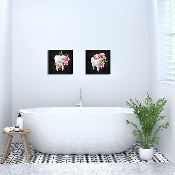HOMEOART Dental Office Decor Black and Pink Bathroom Decor Painting Dentist Office Decor Kids Bathroom Decoration Framed Artwork, Ready to Hang 12"x12"x2 Panels
