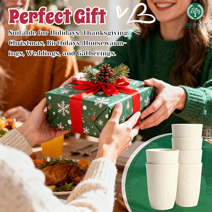 Homienly Wheat Straw Cups, Alternative to Plastic Cups Set of 6, Premium Drinking Glasses - 12 OZ, Unbreakable Drinking Cup, Dishwasher & Microwave Safe Tumbler Cup for Kitchen, Kids, Picnic - Beige