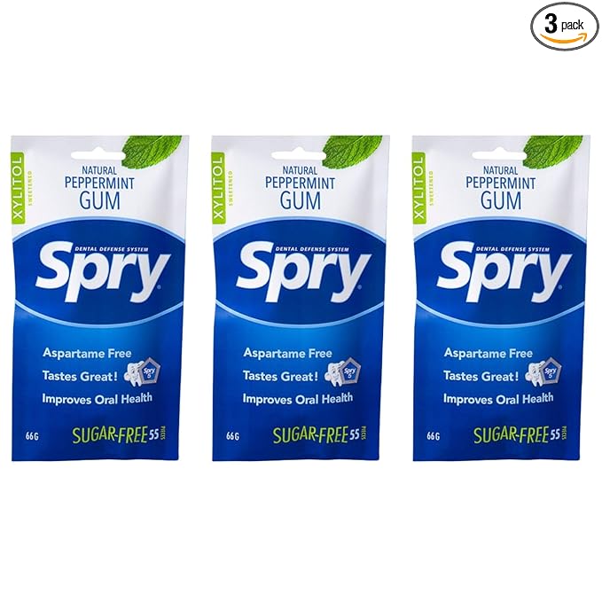 Spry On The Go Fresh Natural Xylitol Chewing Gum Dental Defense System - Aspartame-Free, Sugar-Free, Non-GMO (Peppermint, 55 Count - Pack of 3)