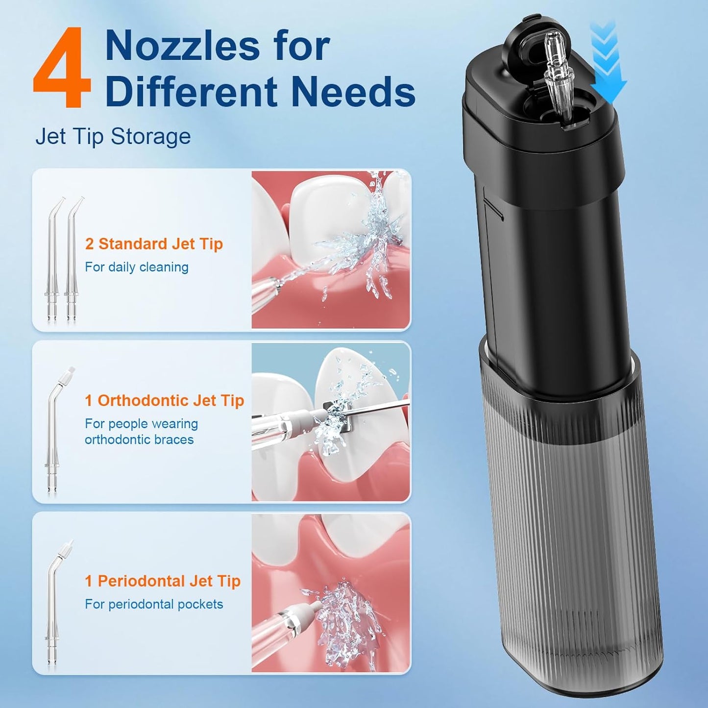 Portable Water Flosser for Teeth with Exquisite Travel Case, Cordless Rechargeable Mini Oral Irrigator with Removable Tank, IPX7 Waterproof, 4 Modes & 4 Jet Tips for Tooth Cleaning (Black)