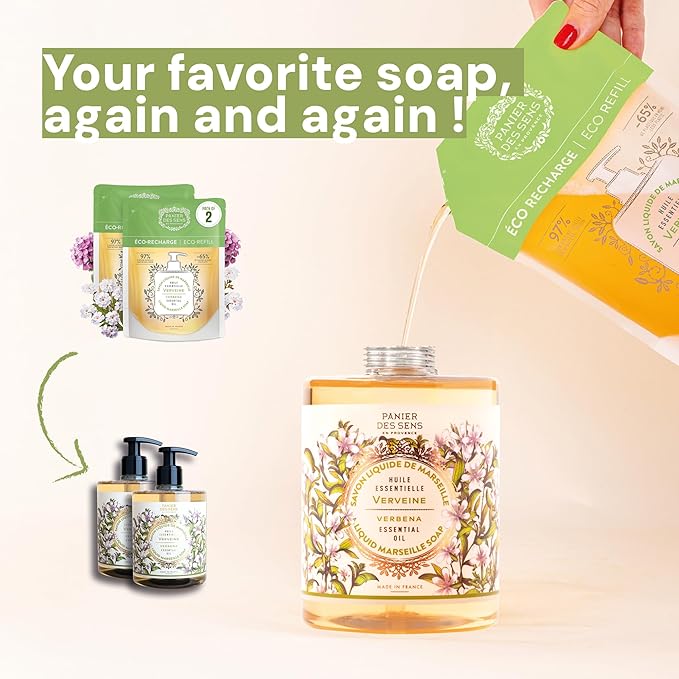Panier des Sens - Liquid Hand Soap Refills - Verbena Foaming Hand Soap Refill - French Moisturizing Hand Wash with Coconut Oil - Kitchen & Bathroom- 97% Natural - 34 Fl.oz