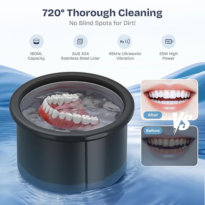 2025 Ultrasonic Retainer Cleaner- 45KHz 25W Portable Denture Cleaner with Drying Function and Removable Inner for Dentures, Mouth Guards, Aligners, Jewelry and More (Black)