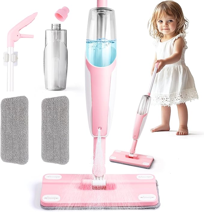 Pink Mini Spray Mop for Toddler-Girls Montessori Cleaning Toy That Real Spray Water,Pretend Playhouse Essentials for Girls Ages 3-8,Toddler Educational Housekeeping Set