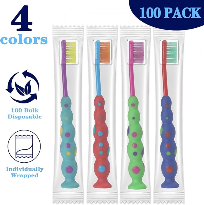 100 Pack Kids Toothbrush Soft bristles Toddler Lovely Toothbrush with Suction Cup Bulk, Includes Travel Covers, Individually Wrapped Toothbrushes for Kid Home School Daycare Camp (Candy)