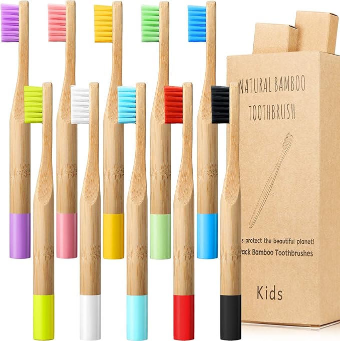 10 Piece Kids Bamboo Toothbrush Set - Natural Soft Bristle, Wooden, Toddler to Adult, Organic, BPA-Free, Colorful Travel Pack