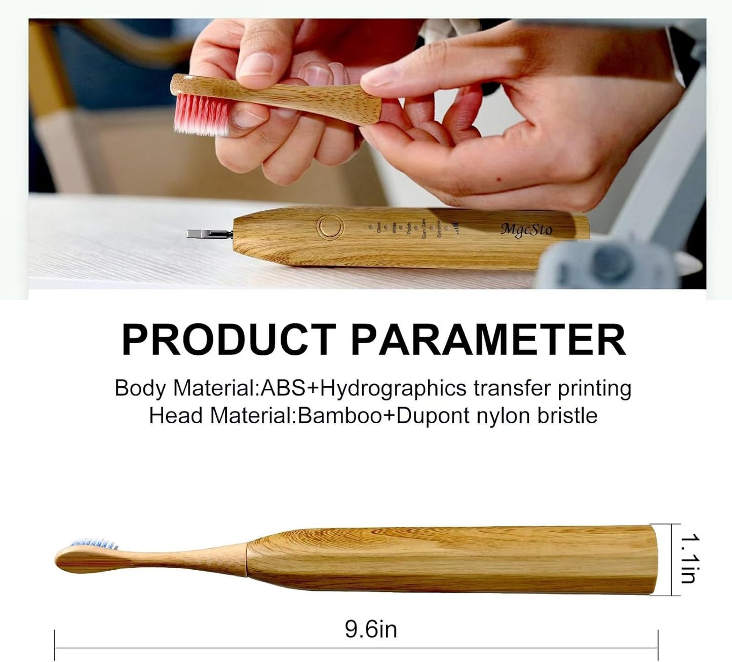 Electric Bamboo Toothbrush Sonic Toothbrush - 4 Replaceable Bamboo Brush Heads Eco-Friendly IPX7 Waterproof Electric Toothbrush, One-Button Switch Five-Mode Brushing