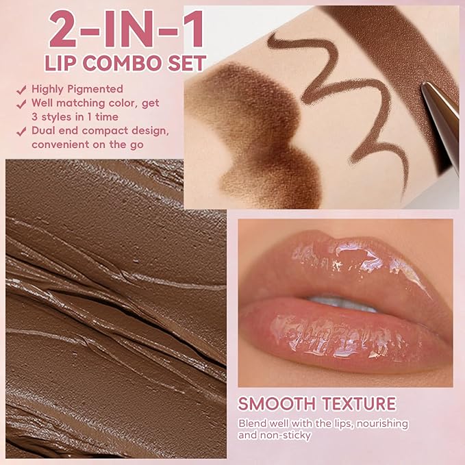 Lip Liner Gloss Lip Combo Set, 2 in 1 Lip Duo Natural Nude Lip Liner Lipstick Glossy Nourishing Blushl Dew Gloss Lip Kit, Smooth Quick Fuller Plumping Juicy Lip Makeup for Women05#Rose Dewy