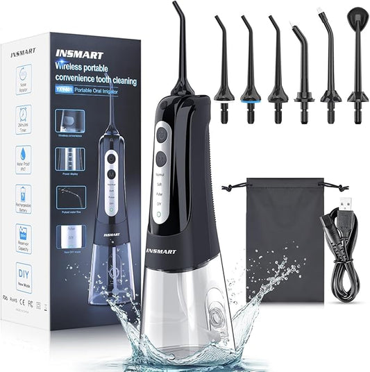 Cordless Water Dental Flosser Teeth Cleaner, INSMART Professional 300ML Tank DIY Mode USB Rechargeable Dental Oral Irrigator for Home and Travel, IPX7 Waterproof 6 Modes Irrigate for Oral Care