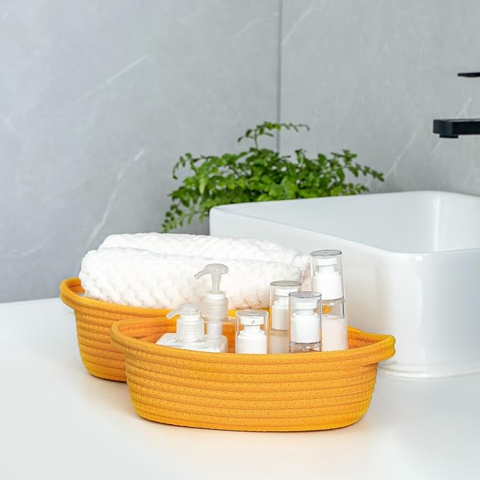 CubesLand Small Cotton Rope Storage Basket Set 5, Shelves Baskets for Organizing with Handle, Decorative Closet Storage Bins for Countertop Toilet Paper Basket for Toilet Tank Top,Yellow Basket