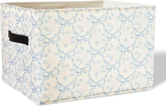 Coquette Blue Bow Floral Storage Basket Bins With Handles for Girls Kids, Bow Floral Pattern Foldable Laundry Basket for Girls Room Nursery Bedroom Bathroom Clothes Toys Books