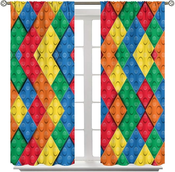 Kids Building Blocks Toy Curtains Boy Girl Room Printed Curtains Abstract Colorful Bricks Children's Nursery Blackout Curtains 63x63 Inches 2 Panels