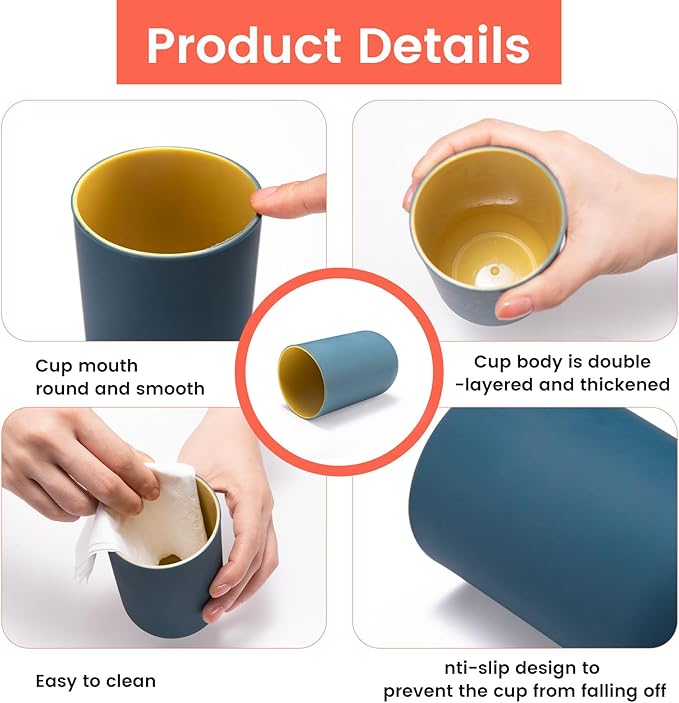 4 Pieces Plastic Bathroom Tumblers, PNDID Unbreakable Toothbrush Cup, Plastic Mouthwash Cup Toothbrush Holder (Light Gray, Dark Blue, Light Pink, Light Blue)