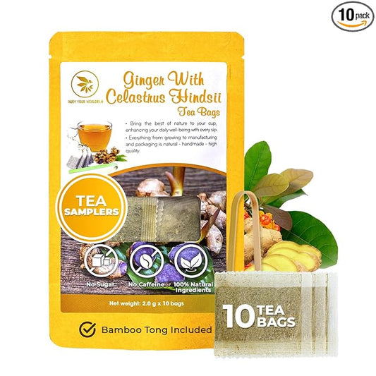 Pure Ginger Tea Samplers with Celastrus Hindsii - 10 Count, Mini Tea Bags, Bamboo Tong Included, Re-Steep Herbal Tea Blend, Corn Based Bags, No Sugar Added, Natural Ginger Tea