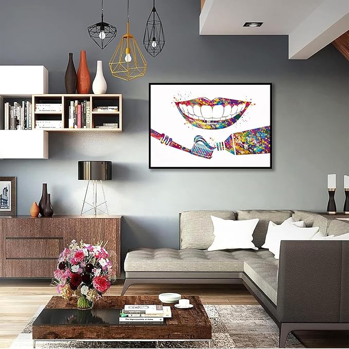 HFKSRJGW Dental Decor,Dental Care Watercolor Print Tooth Medical Art Toothbrush Dental Clinic Decor Gift Toothpaste Dentist Dentistry Office Dental Hygienist,8""x12""Framed Wall Art, white 10