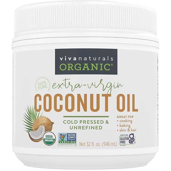 Viva Naturals Organic Coconut Oil, 32 fl oz – Unrefined, Cold-Pressed Extra Virgin Coconut Oil, USDA Organic & Non-GMO, Natural Cooking Oil, Hair Oil & Skin Oil