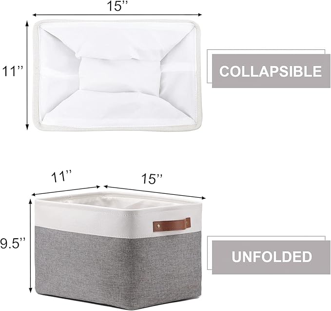 HNZIGE Fabric Storage Baskets for Shelves(3 Pack) Large Collapsible Storage Baskets for Organizing, Decorative Baskets Bins Set with Handles for Closet, Clothes, Toy, Home(White&Gray,15" x 11" x 9.5")