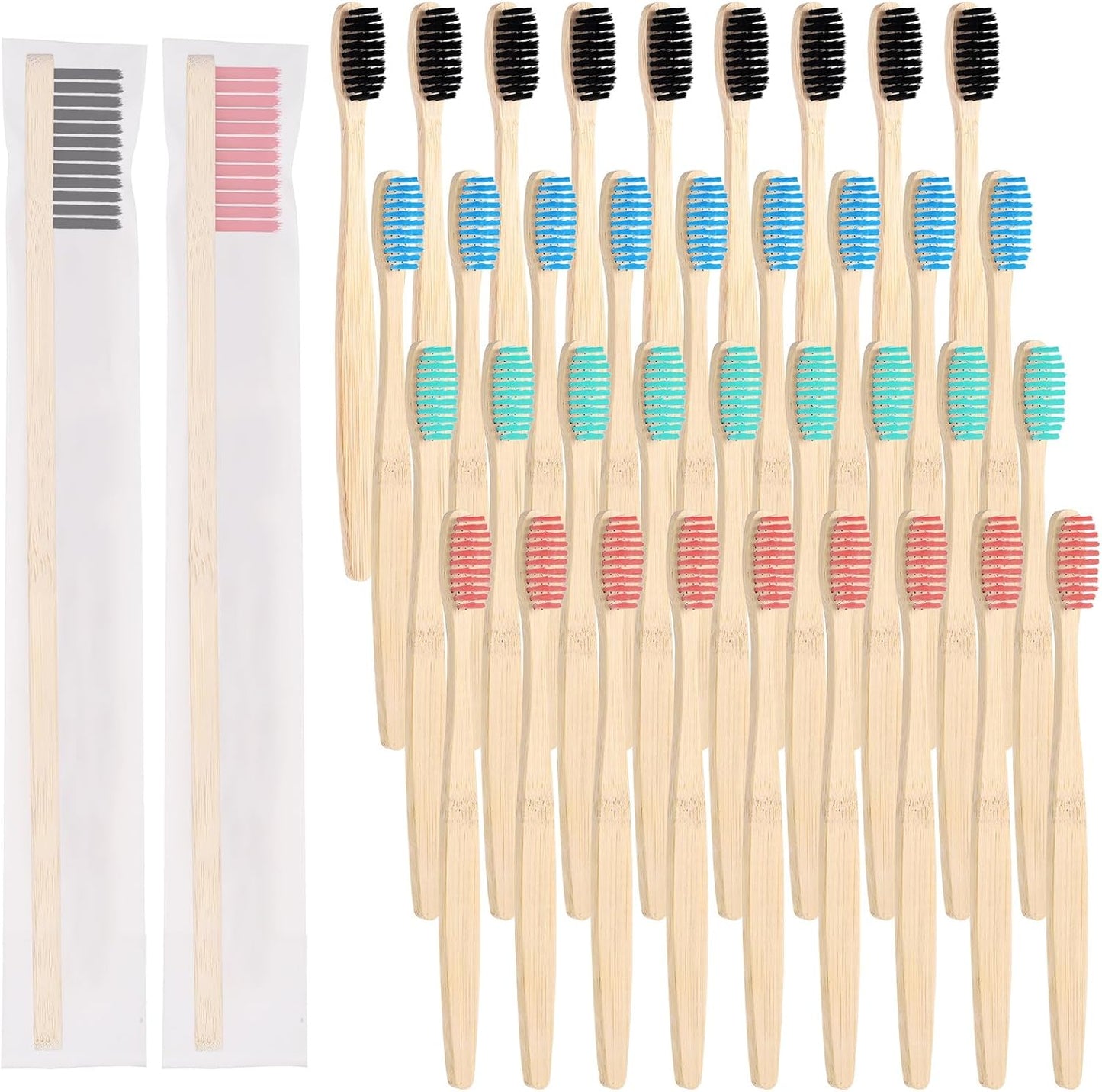 Vesici 200 Pcs Bamboo Toothbrushes Bulk Soft Bristles Toothbrushes with Micro Fur Ultra Wooden Bamboo Teeth Brush Manual for Adults Travel Family Hotel Individually Packaged (Black,Pink,Green,Blue)