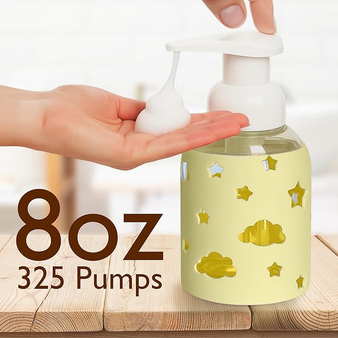 SoCal Suds & Company Glass Foaming Hand Soap Dispenser, Soft Grip Silicone Sleeve, Refillable Pump Bottle for Kids, Baby Wash & Shampoo, Ideal for Home Use, Light Yellow 8oz