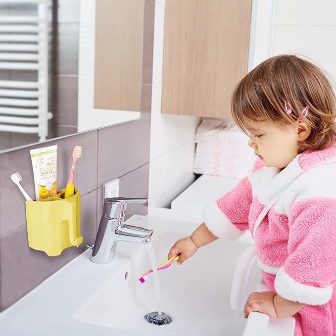 RyanLemon Elephant Toothbrush Holder for Kids, Suction Cup Electric Toothbrush and Toothpaste Holder for Toddler, Cute Toddler Toothbrush Holder with 3 Slots and a Hook for Hanging Bath Ball, Yellow