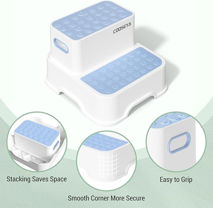 COOSEYA 2 Step Stools for Kids,Toddler Step Stool for Bathroom Sink,No-Slip Double up Stepping for Toddlers Bathroom, Multifunctional Toilet Potty Stool for Kids,Toilet Potty Training(2 Packs)（Blue）