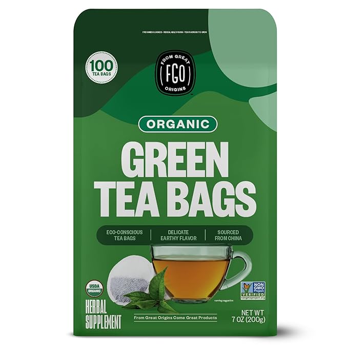 FGO Organic Green Tea, 100 Count Eco-Conscious Tea Bags, Caffeinated, Resealable Pouch, Packaging May Vary (Pack of 1)
