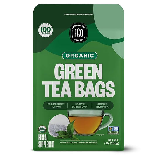FGO Organic Green Tea, 100 Count Eco-Conscious Tea Bags, Caffeinated, Resealable Pouch, Packaging May Vary (Pack of 1)