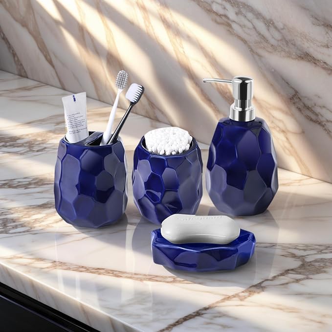 Ceramic Bathroom Accessories Set 4 PCS,Bathroom Toothbrush Holder Set,Soap and Toothbrush Holder Set,Include Toothbrush Holder,Soap Dispenser,Tumbler,Soap Dish,Bathroom Sets Decor Organizer(Navy Blue)