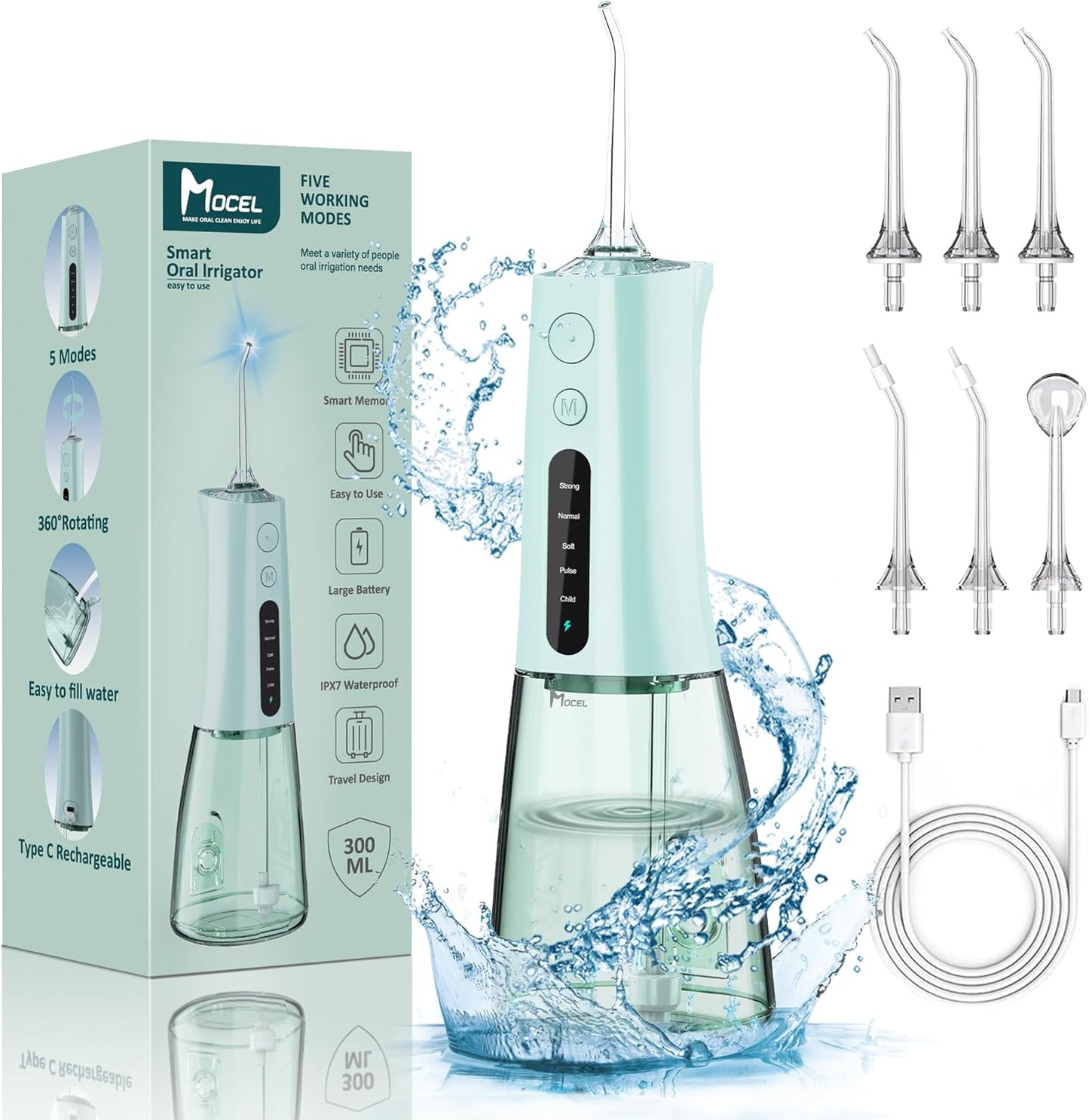 Water Dental Flosser OLED Display Cordless Teeth Cleaning MOCEL 5 Modes Oral Irrigator 300ML Portable and USB C Rechargeable IPX7 Waterproof Floss Teeth Pick (Green)