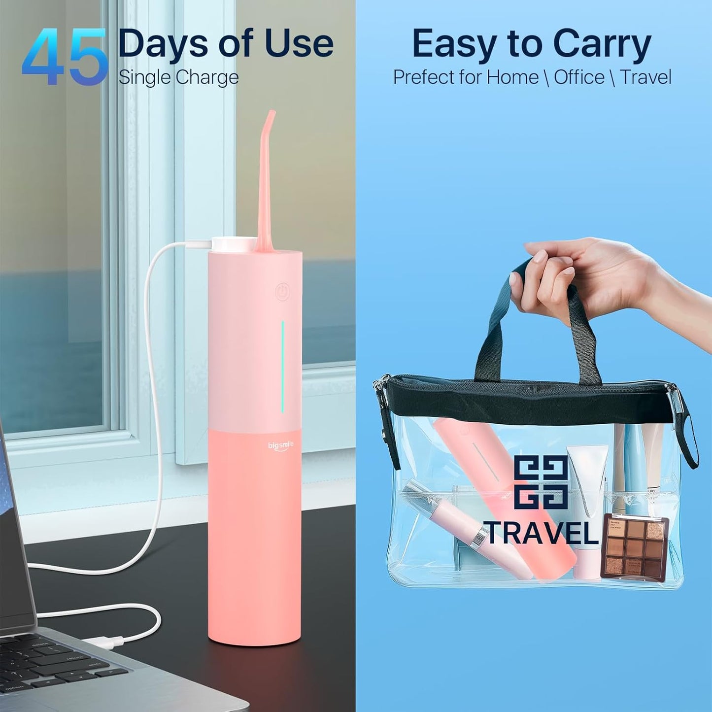 Bigsmile Water Flosser for Teeth, Electric Oral Irrigator, Cordless Water Flosser, USB Rechargeable, IPX7 Waterproof, Effectively Maintain Oral Cleanliness and Health (Pink)