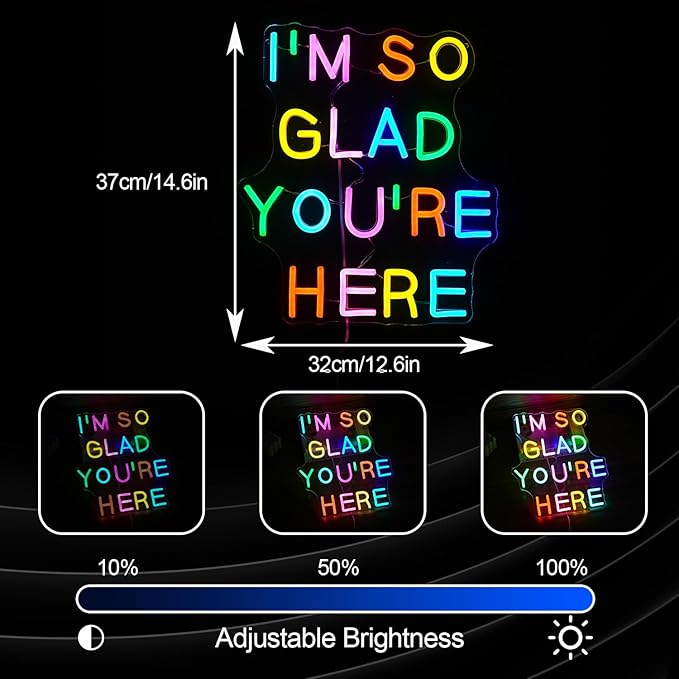 I’m So Glad You’re Here Neon Sign Dimmable Positive Affirmation LED Neon Light for Wall Decor USB Powered Multicolored Light Up Sign for Classroom Wedding Party Store Home Neon Decor