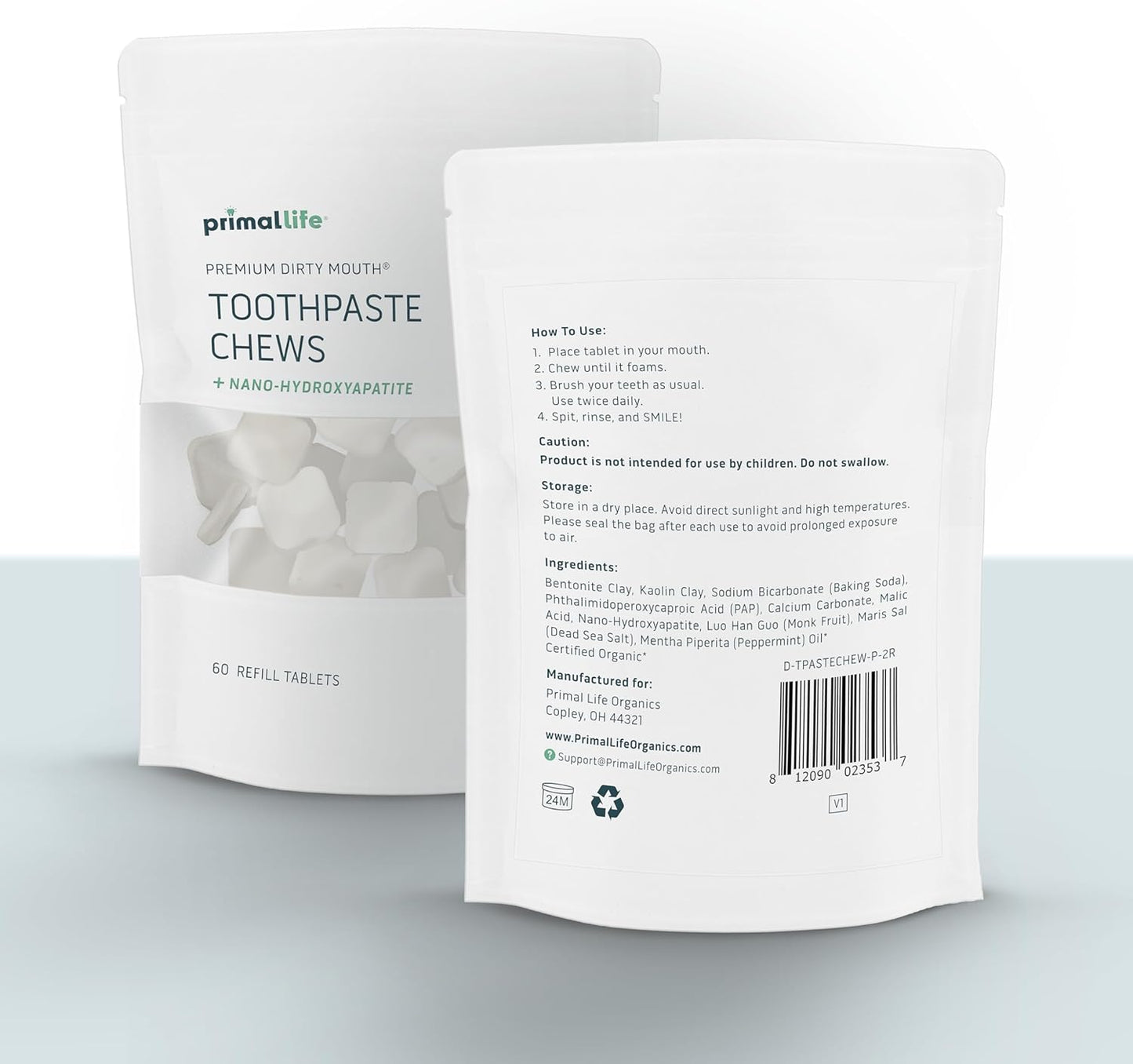 Primal Life Organics Premium Dirty Mouth Toothpaste Chews – Nano-Hydroxyapatite Whitening Toothpaste Tablets for Adults - Gluten Free, Vegan, Paleo - 60 Tablets in Bag - Polished Peppermint