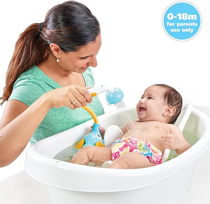 Yookidoo Baby Bath Shower Head - Elephant Water Pump with Trunk Spout Rinser - Control Water Flow from 2 Knobs for Maximum Fun in Tub or Sink for Newborn Babies (Blue and Orange)