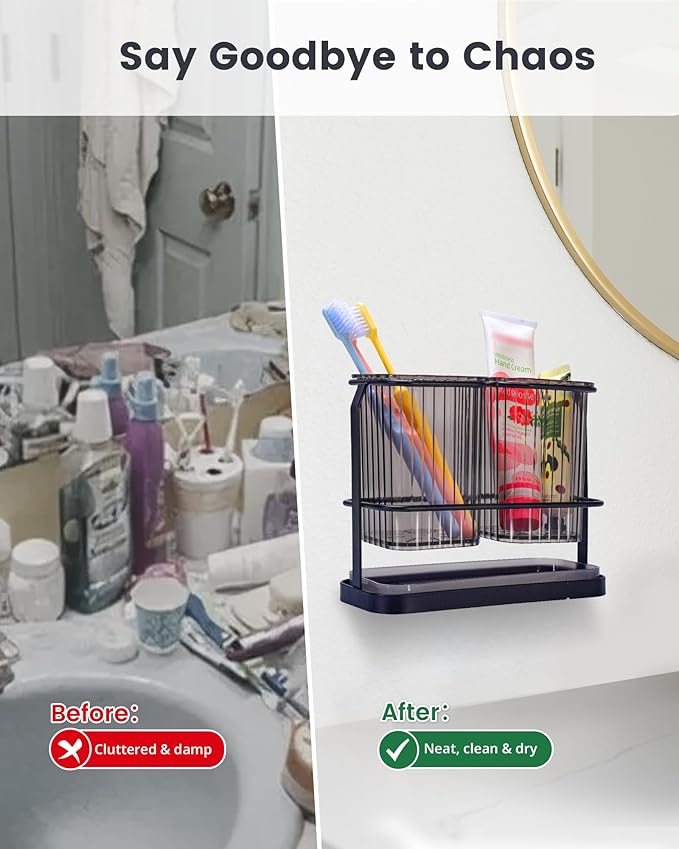 KONE Black Toothbrush Holders for Bathrooms, 2 Cups Toothbrush Holders Wall Mounted, Dry & Wet Separation, Bathroom Organizers and Storage, Bathroom Toothbrush Holder Set for Family Kids