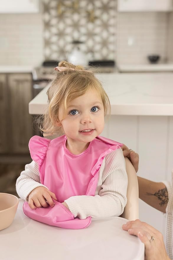 Tiny Twinkle Mess-Proof Baby Bibs for Eating | Waterproof, Wipeable Toddler Bibs with Catch-All Pocket | Feeding Bibs for Girls & Boys(3 Pack,Girl Hearts)