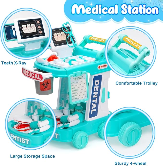 Dentist Play Set Toy for Kids, Pretend Play Medical Toy Dentist Cart, Dental Toy with Fake Teeth, Doctor Toy for Toddlers 3-5, Christmas Birthday Costume Role Play Dress Up Gift Ideas for Boys Girls