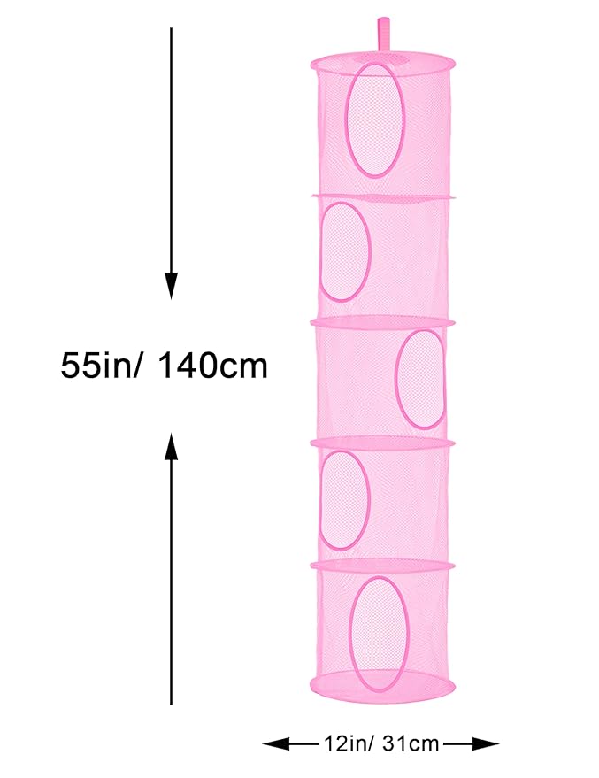 Libeder Mesh Hanging Storage Space Saver Bags Organizer,Foldable Storage Organizer 5 Compartments Toy Storage Basket for Kids Room Bathroom 2 Sets Pink