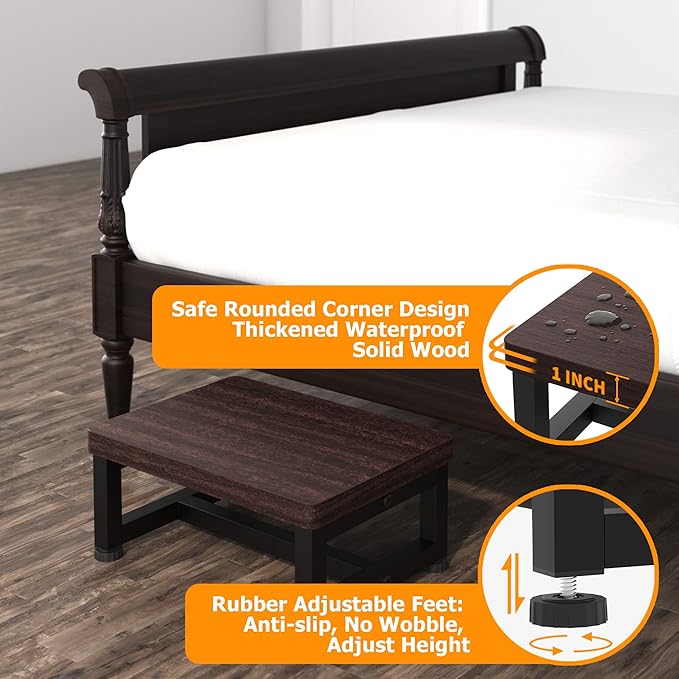 Step Stools for Adults Kids, Heavy Duty Non-Slip Wooden Stepping Stools with 500-LBS Capacity for Bedroom Kitchen Bathroom, Sturdy Bed Steps for High Beds with Rubber Feet, Easy to Assemble, Teak