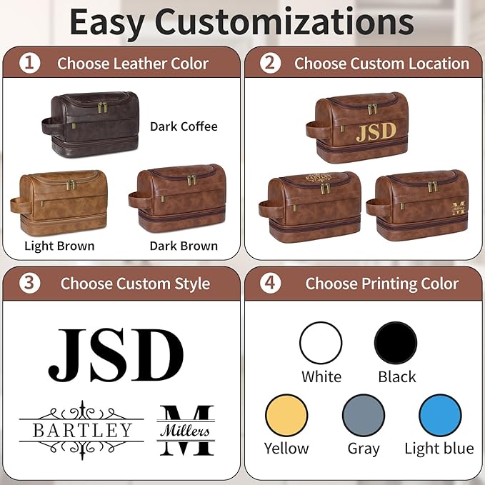 Personalized Toiletry Bag For Men, Large Capacity Travel Doop Kit, Vintage Color PU Leather, Custom Name Initials, Gifts for Dad, Husband, Boyfriend, Groomsmen, Birthday (Style 5)