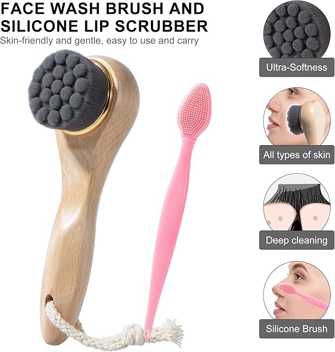 Face Scrubber with Wooden Handle, Manual Facial Cleansing Brushes for Deep Pore Cleansing, Soft Bamboo Charcoal Fiber Exfoliating Face Wash Brush and Silicone Lip Scrubber for Face Care, Black
