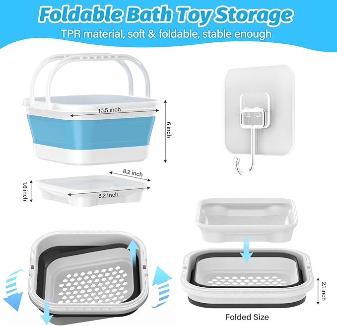 Anivia Foldable-Bath-Toy-Storage-Organizer, Bath Toy Holder with Removable Base, Quick-Drain-Drying Bathtub Toy Storage, Basket Bathroom Shower Toys Holder for Kids (Blue)