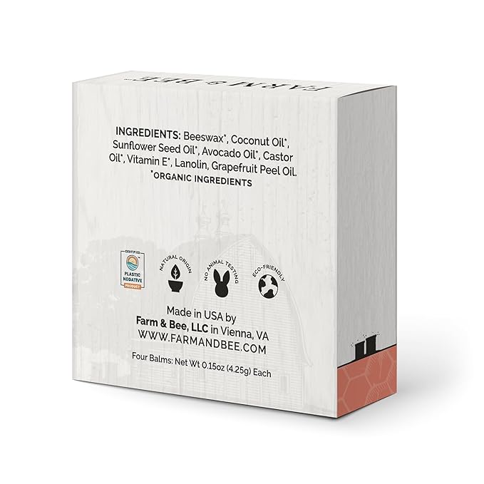 Natural Lip Balm - Organic & Natural Ingredients - Beeswax Based Moisturizing Lip Care Chapstick for Dry Cracked Lips - Great Gift Idea - Farm & Bee - 0.15oz (Pack of 4 - Pink Grapefruit)