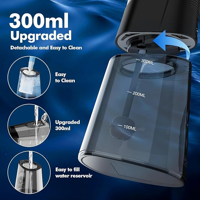 Cordless Water Dental Flosser for Teeth, with 8 Jet Tips, 300ML Tank Oral Irrigator Portable with 4 Modes IPX7 Waterproof Rechargeable Water Floss for Home Travel, Adults Teeth Cleaning (Black)