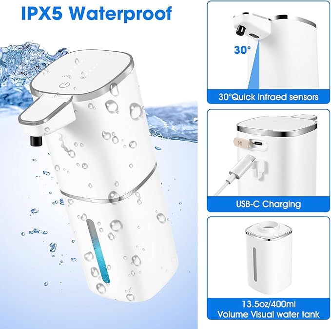 Automatic Liquid Soap Dispenser,Touchless Soap Dispenser,13.5oz/400ml Rechargeable Wall Mounted Smart Dispenser for Bathroom Kitchen,Easy for Toddlers(White)