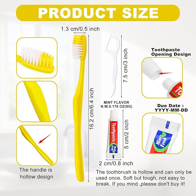 30pcs Disposable Toothbrushes with Toothpaste and Floss,Yellow Bulk Single Use Toothbrush Floss Pick Individually Wrapped Disposable Travel Toothbrushes Kit for Homeless,Airbnb,Hotel,Guest