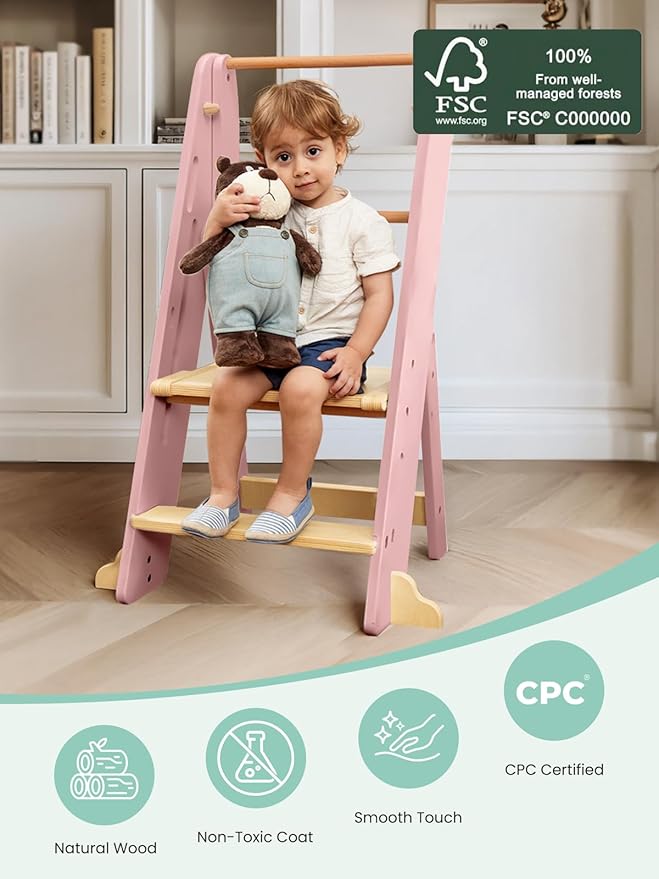 GROWNSY Foldable Step Stool Toddler Tower, Toddler Kitchen Stool Helper, Collapsible Kids Standing Tower with 3 Adjustable Heights and Safety Net for Kitchen Bathroom Sink Counter (Light Pink)