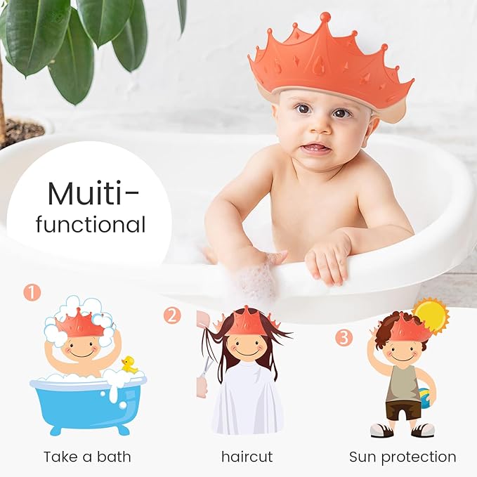 FUNUPUP Kids Shower Cap, 2 Pack Adjustable Toddler Hair Washing Bathing Cap Shield Visor Shampoo Cap Protect Baby Eyes (Crown, Pink and Yellow)