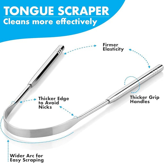 Tongue Scrapers - Pack of 2 - Stainless Steel Tongue Cleaners Brush for Help Getting Rid of Bad Breath & Bacteria - Food Scraper to Keeps Mouth & Teeth Healthy and Clean - Essential Dental Hygiene Kit