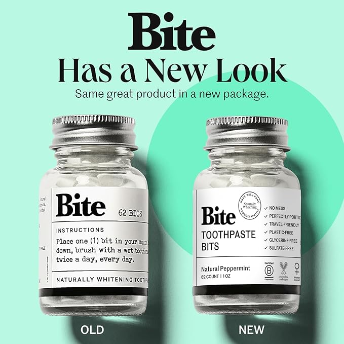 Bite Toothpaste Tablets, Xylitol & 5% Nano Hydroxyapatite Toothpaste Bits for Sensitive Teeth, Fluoride Free Tooth Whitening, Travel Size Dental Care for Adults & Kids, Made in USA, 124 Bits